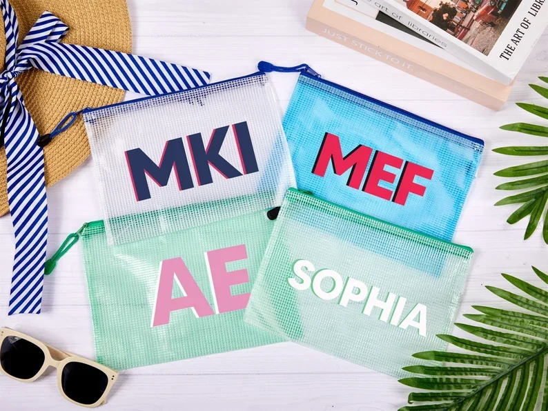 Personalized Shadow Monogram Pool Bag Name Zipper Wet Dry Bridesmaids Wedding Custom Bachelorette Party Name Bikini Bags