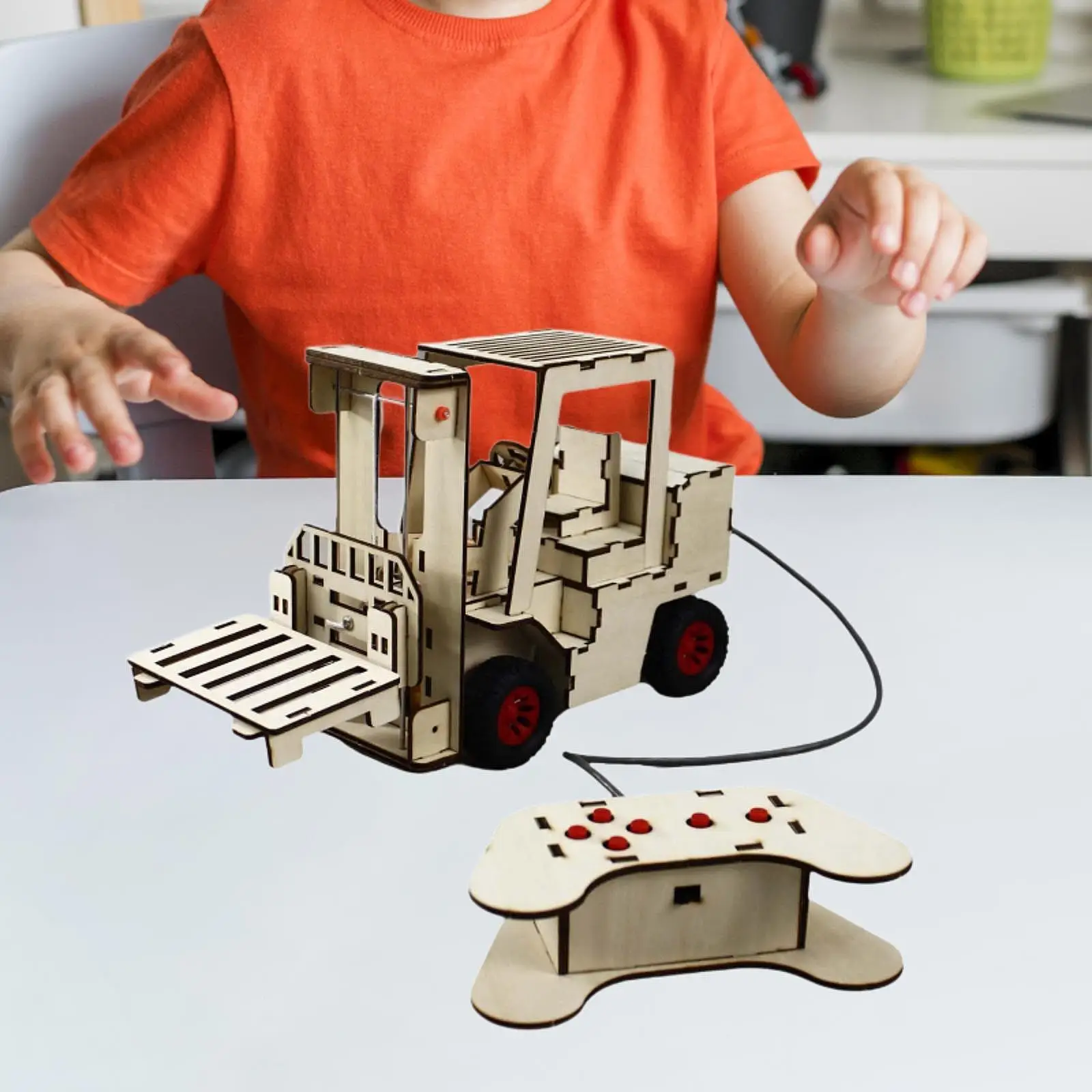 Drewniane zabawki mechaniczne do budowania, małe wynalazki, zestawy do eksperymentów naukowych, materiały DIY, zdalnie sterowany model wózka widłowego.