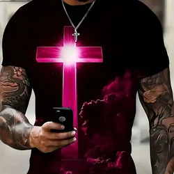 Camiseta masculina Jesus Cross estampada em 3D, Vintage, Harajuku Street Tops, T respirável, extragrande, camiseta esportiva, roupa casual