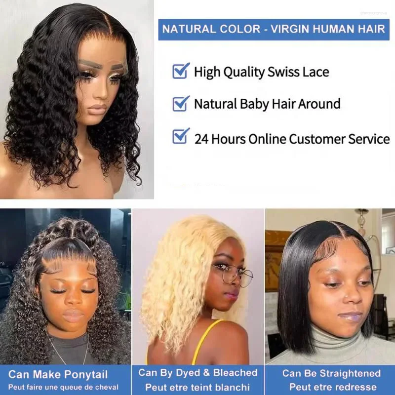 اللون الطبيعي 200% الكثافة 13x4 موجة عميقة الدانتيل الباروكة الأمامية خصلات الشعر المستعار الإنسان الشفاف ريمي الشعر البشري قصير بوب شعر مستعار للنساء