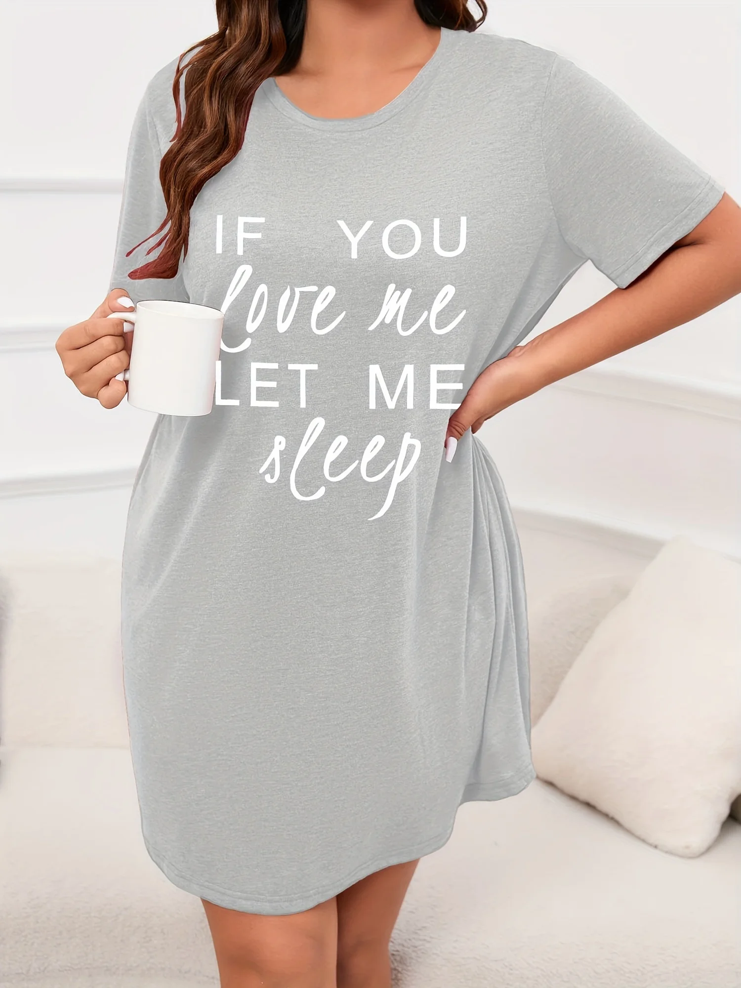 Women\'s Letter Printed Short Sleeve Round Neck Nightgown Plus Size Casual Home Dress Micro Stretch Student Sleepwear