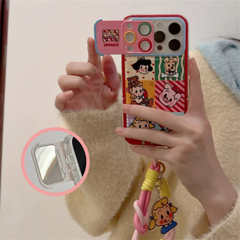 

Fun cute cartoon girl puppy phone case for iPhone 13 14 15 Pro 16 Pro Max with bracket lanyard Push and pull mirror case cover