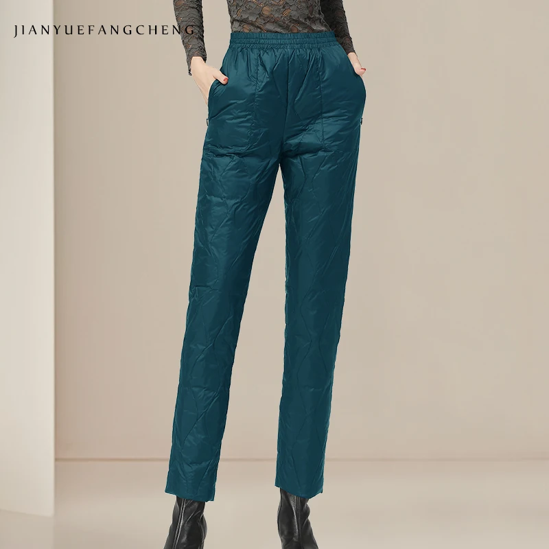 أزياء المرأة أسفل سروال رصاص لفصل الشتاء مرونة الخصر الدافئة سميكة بطة بيضاء أسفل مبطن السراويل الطويلة مع جيوب