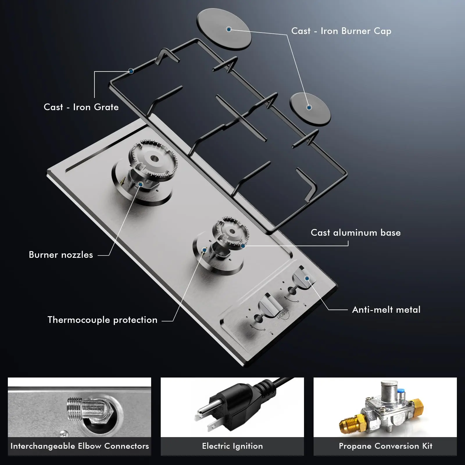 Hobsir 2 Burner 12 Inches Stainless Steel Built-in Gas Stove Top for LPG NG Dual Fuel，with Flame-out Protection for Apartmen