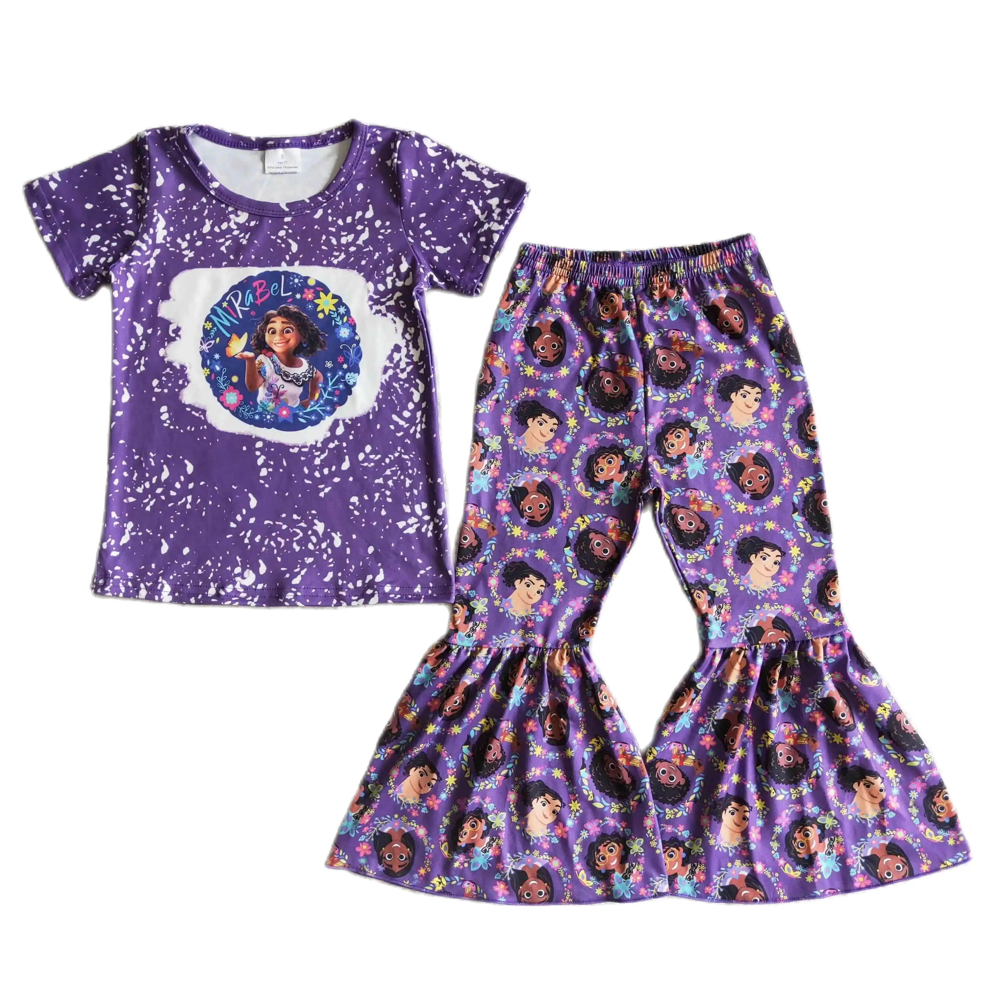 

GSPO0043 Kids Girls Summer Outfit Sets Short Sleeves Top Encanto Purple Print With Boot Cut Pant Children Clothes