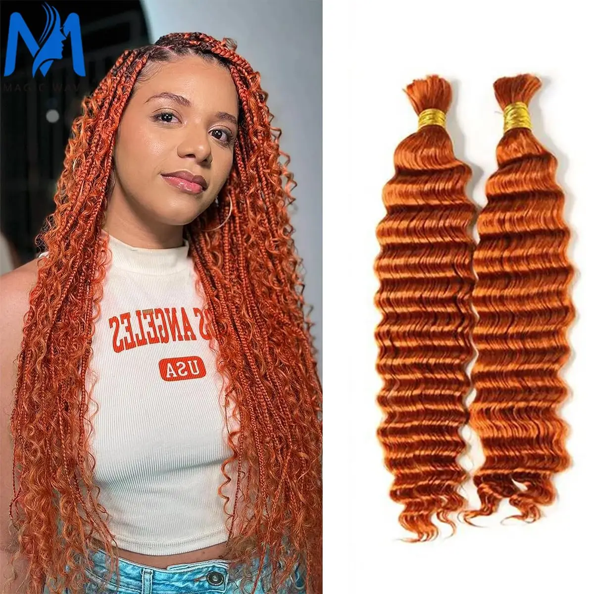 Ginger 350 100% Human Braiding Hair for Boho Braids Bohemian Knotless Deep Wave Curly Curls Bulk Human Hair 2 Bundles 100g