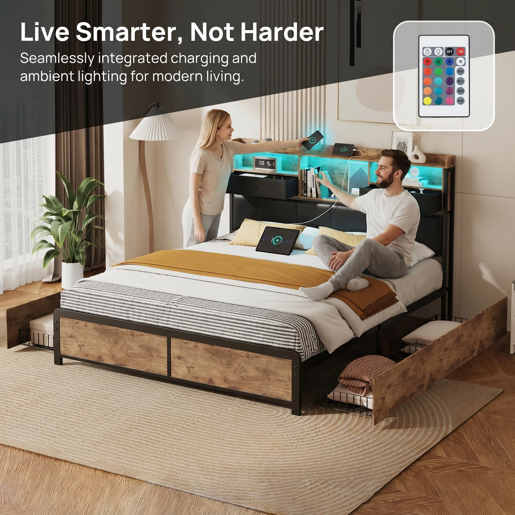 Superaly Cama con Base LED de 140x200cm con Cabecera con Almacenamiento, Cama King Size con 4 Cajones Debajo de la Cama y Cargador USB, Cama Industrial con Luces LED, No Requiere Somier, Marrón y Negro
