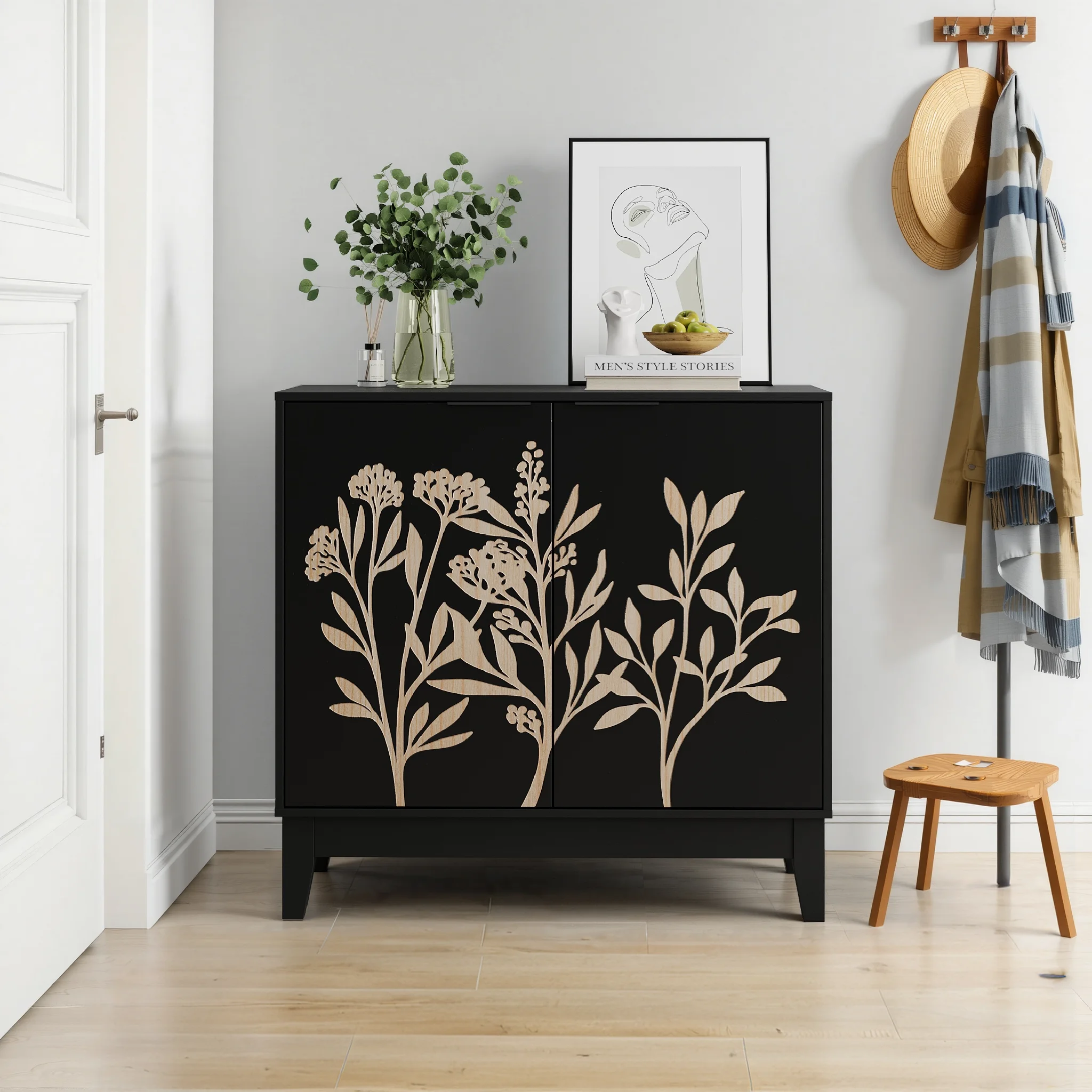 Aparador retro negro, gabinete de almacenamiento multifuncional/gabinete organizador con elegante diseño de doble puerta y estantes ajustables, adecuado para cocina, sala de estar, comedor y otros espacios del hogar