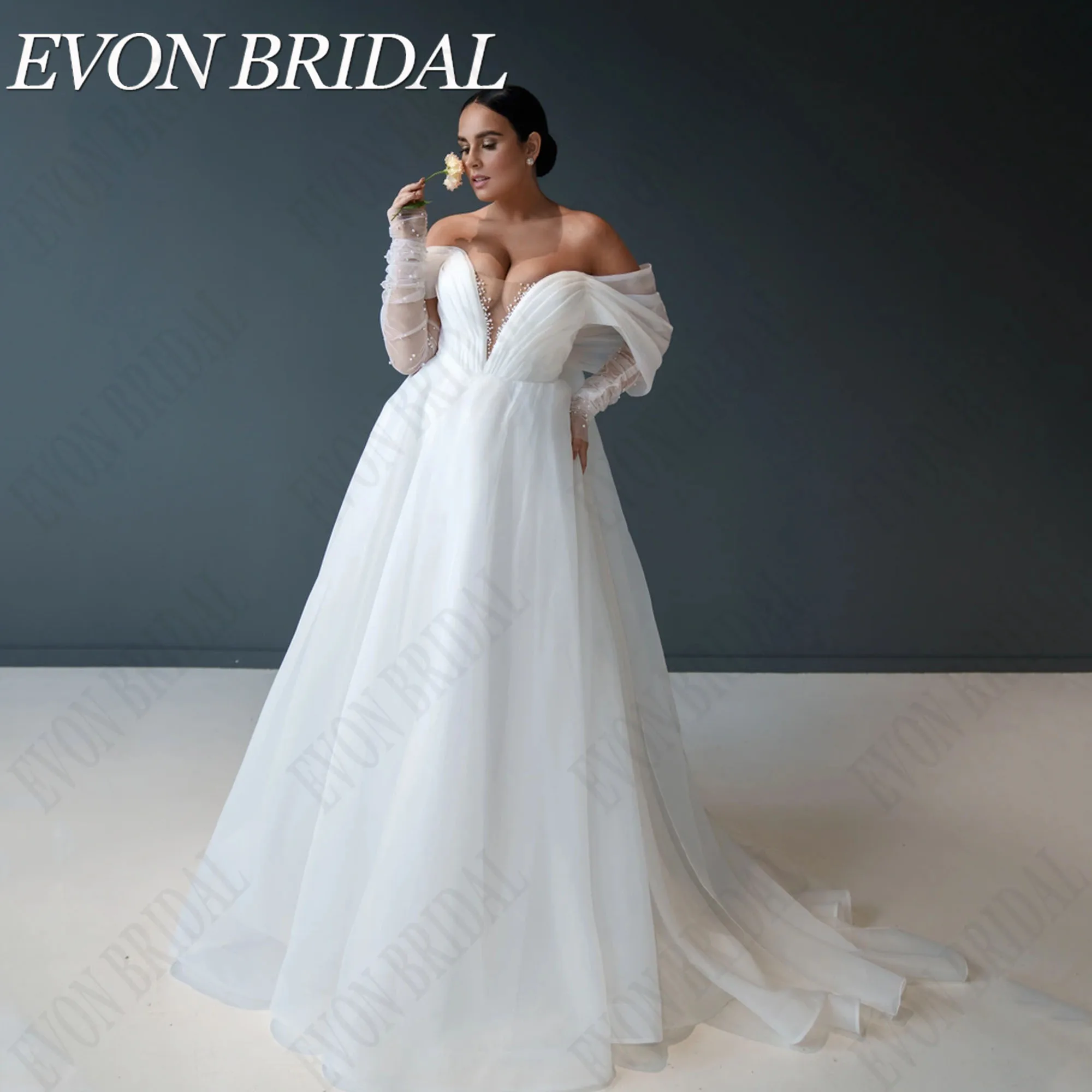 

EVON BRIDAL Plus Size Classic Wedding Dresses Off Shoulder Deep V-Neck Beading Bride Gowns Organza A-Line свадебное платье