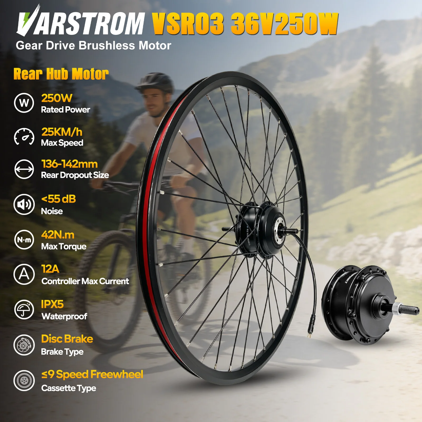 [EU-Konformität] 36V 250W Nabenmotor 25km/h 42Nm VSF03 VSR03 Vorder- und Hinterrad-Nabenmotor Varstrom eBike-Motor für 26" 27,5" 28" 29 Zoll 700C Elektrofahrrad-Umbausätze Bürstenloser Getriebemotor