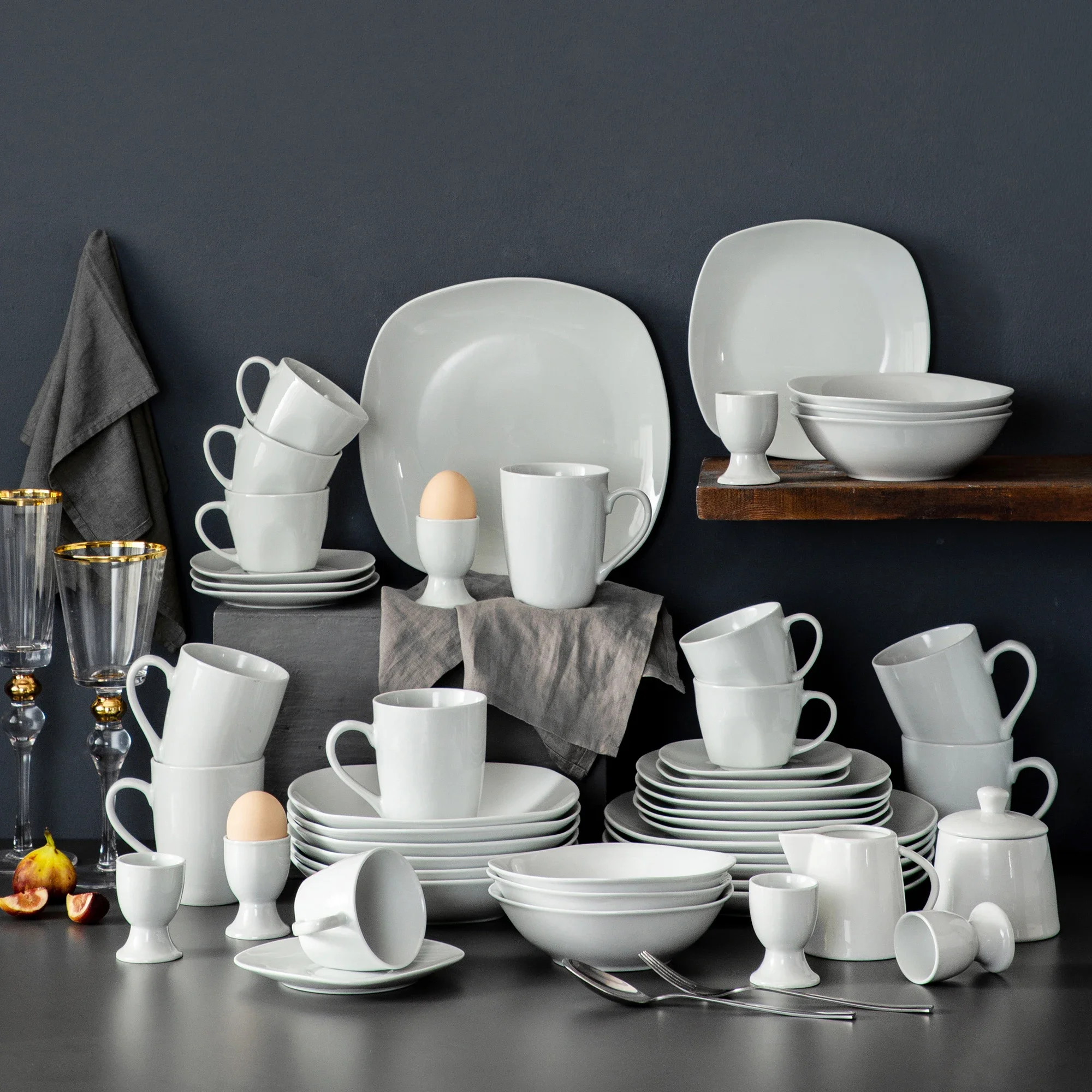 Malacasa Serie Elisa 50-delig Servies Dinerset Met 6 Kopjes, Schotels, Mok, Eierdopjes, Kommen, Dessertsoep Diner Borden Service - afbeelding 2