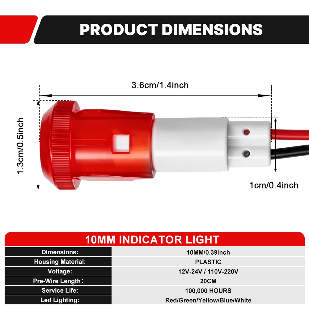 FILN 3 Stück 10mm Kunststoff-Einbau-LED-Anzeigeleuchte 12V 24V 110V 220V Vorverdrahtete Signal-Pilotlampe für Auto Boot LKW Marine – Detail 2