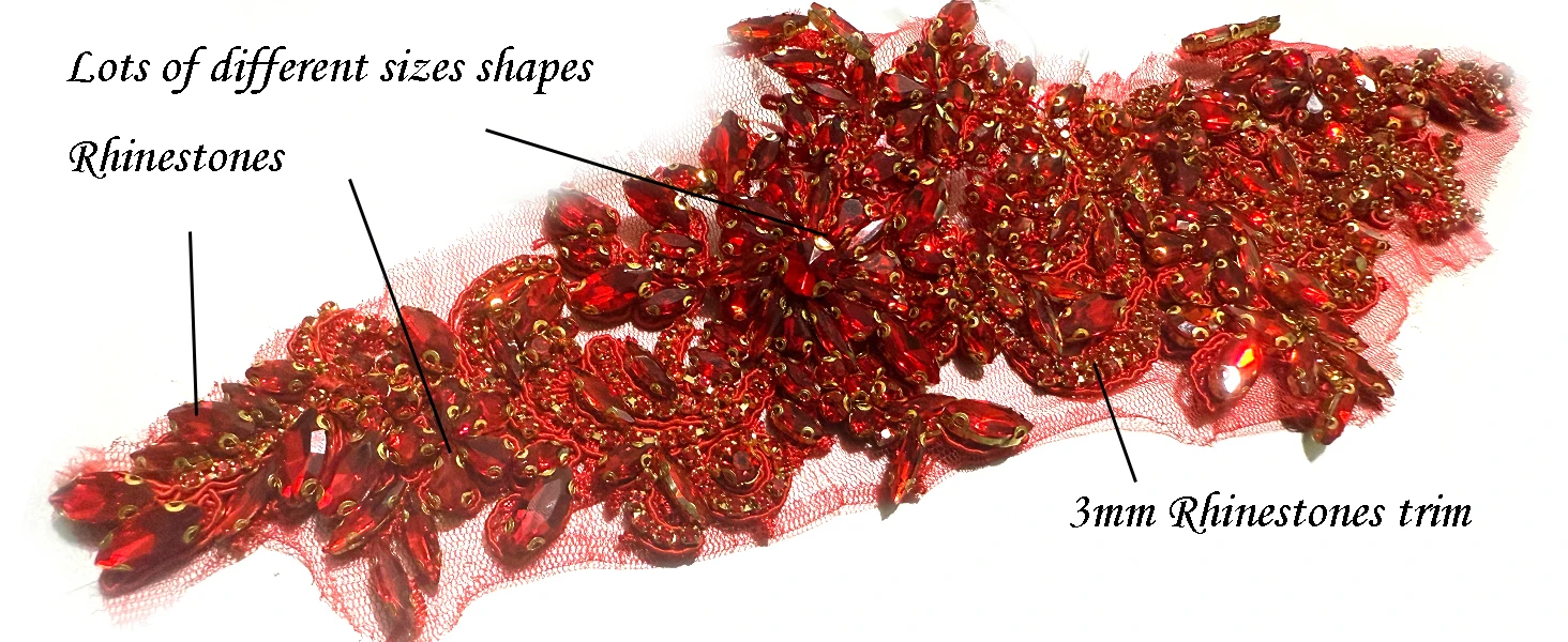HelluyerDc Red rhinestones beaded applique,14cm*39cm large applique for clothing decoration, embroidery on tulle sew on patch