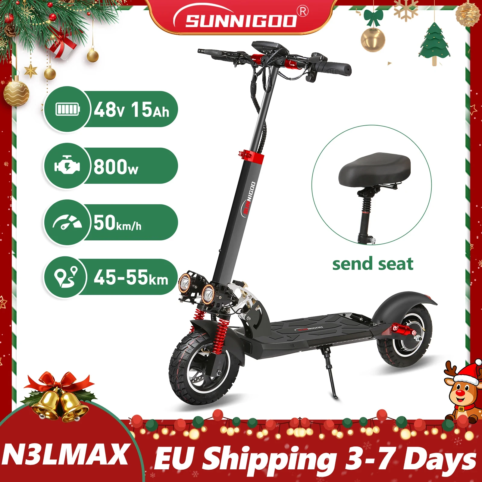 SUNNIGOO Scooter elettrico per adulti con blocco NFC 48v 800w Motore potente Sedili rimovibili Scooter pieghevole 15ah 55km a lungo raggio