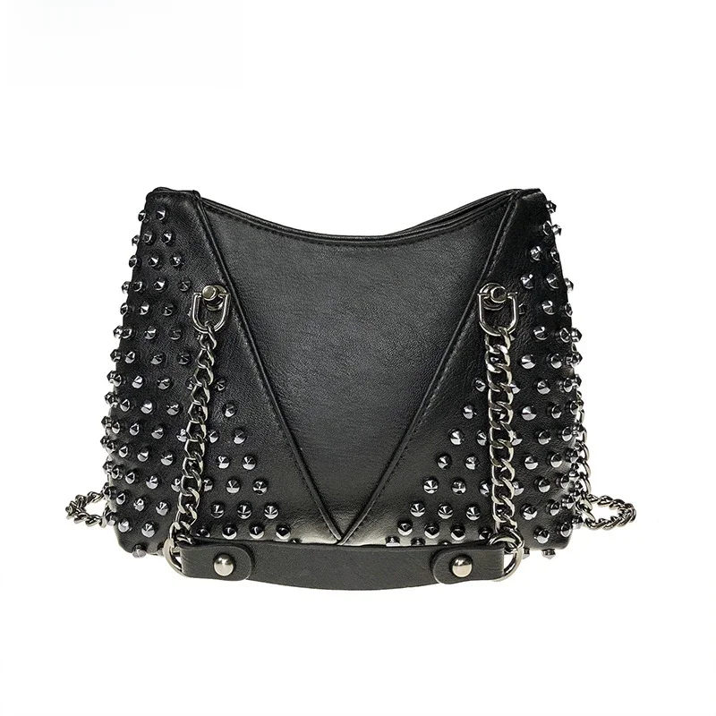 JIEROTYX nabijana torba na ramię dla kobiet skórzana Punk Style Rock nitowa torba Crossbody torebka z łańcuszkiem portfel portmonetka dla dziewczynek — zdjęcie 2