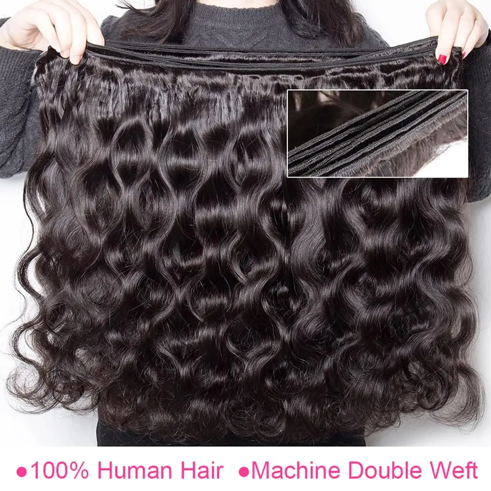 Extensiones de cabello humano brasileño, mechones ondulados con cierre de encaje transparente 4x4 HD, Color Natural, 3 mechones