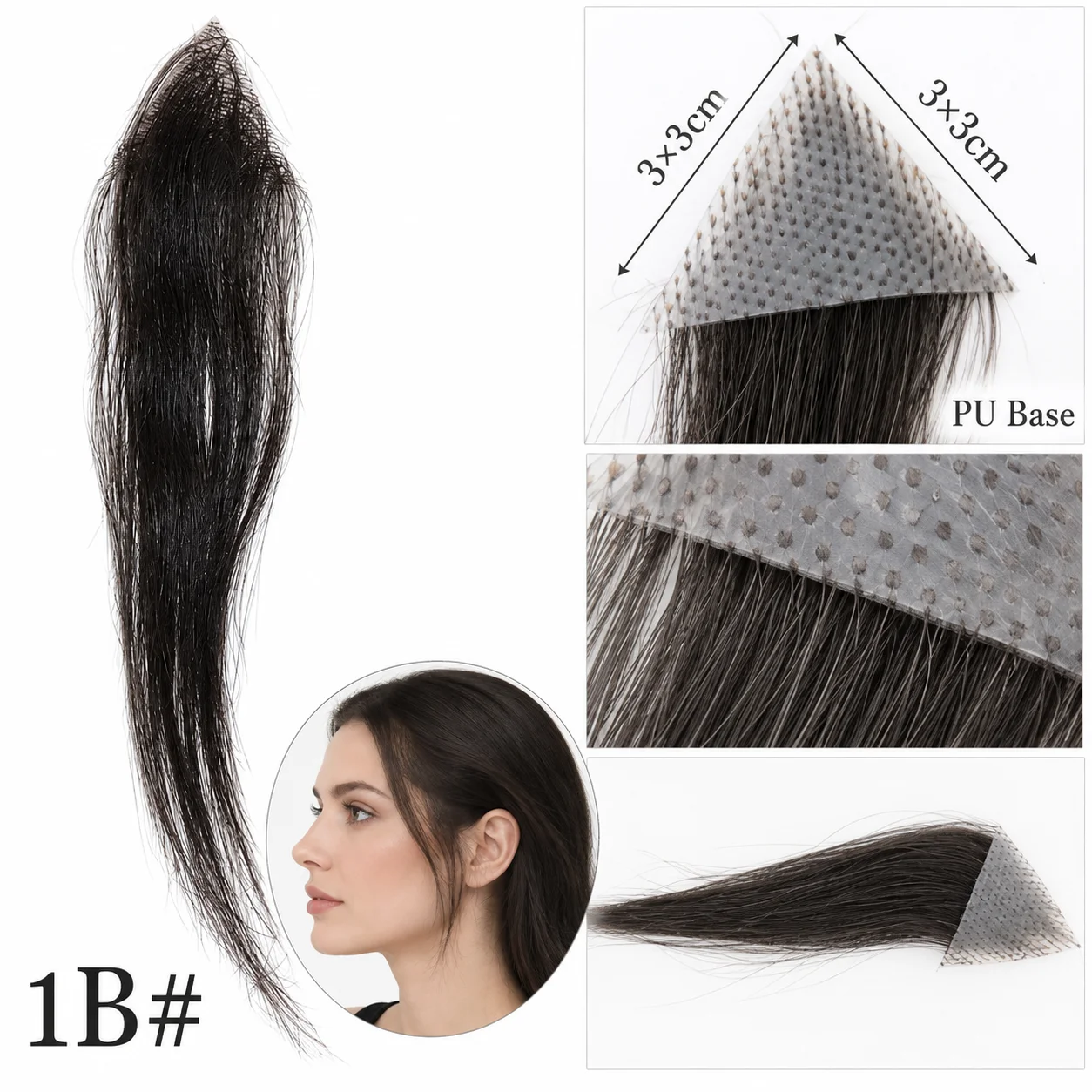 3x3cm Triangle Human Hair Topper Ultra-Thin PU Base Invisible Hairpiece for Thinning Hair Hairline and Daily Wear