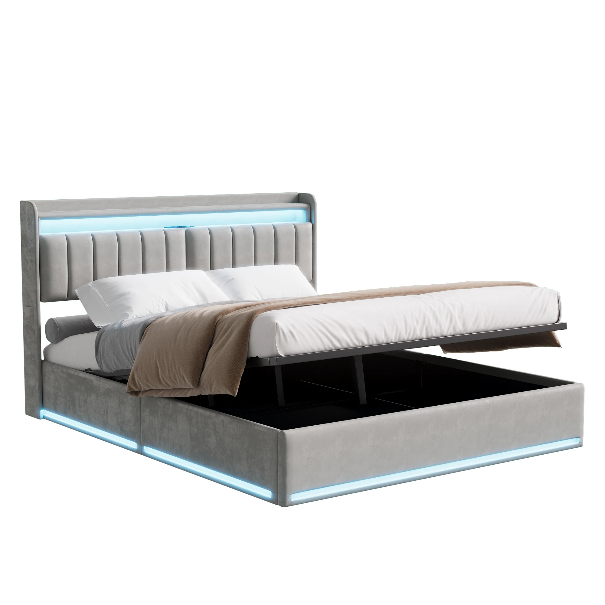 Rosahqnda Doppelbett,Kopfteil mit LED-Beleuchtung,USB-Anschlüssen und Ablagefach,Stauraumbett,Gästebett,Jugendbett,Samtstoff