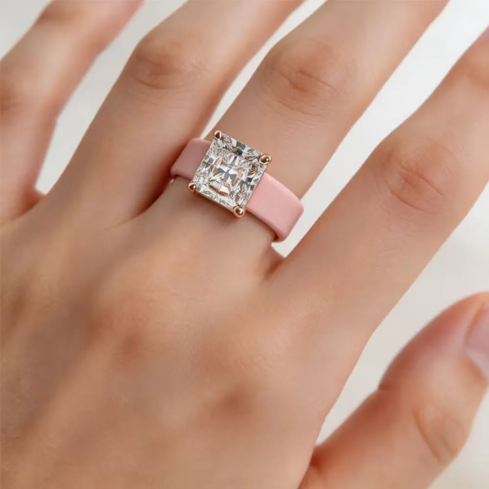 Women's Silicone Ring with Large Rectangle CZ Stone, Rose Gold Prong Setting, Comfortable Sport Wedding Band, Anti-allergy Jewel image 4