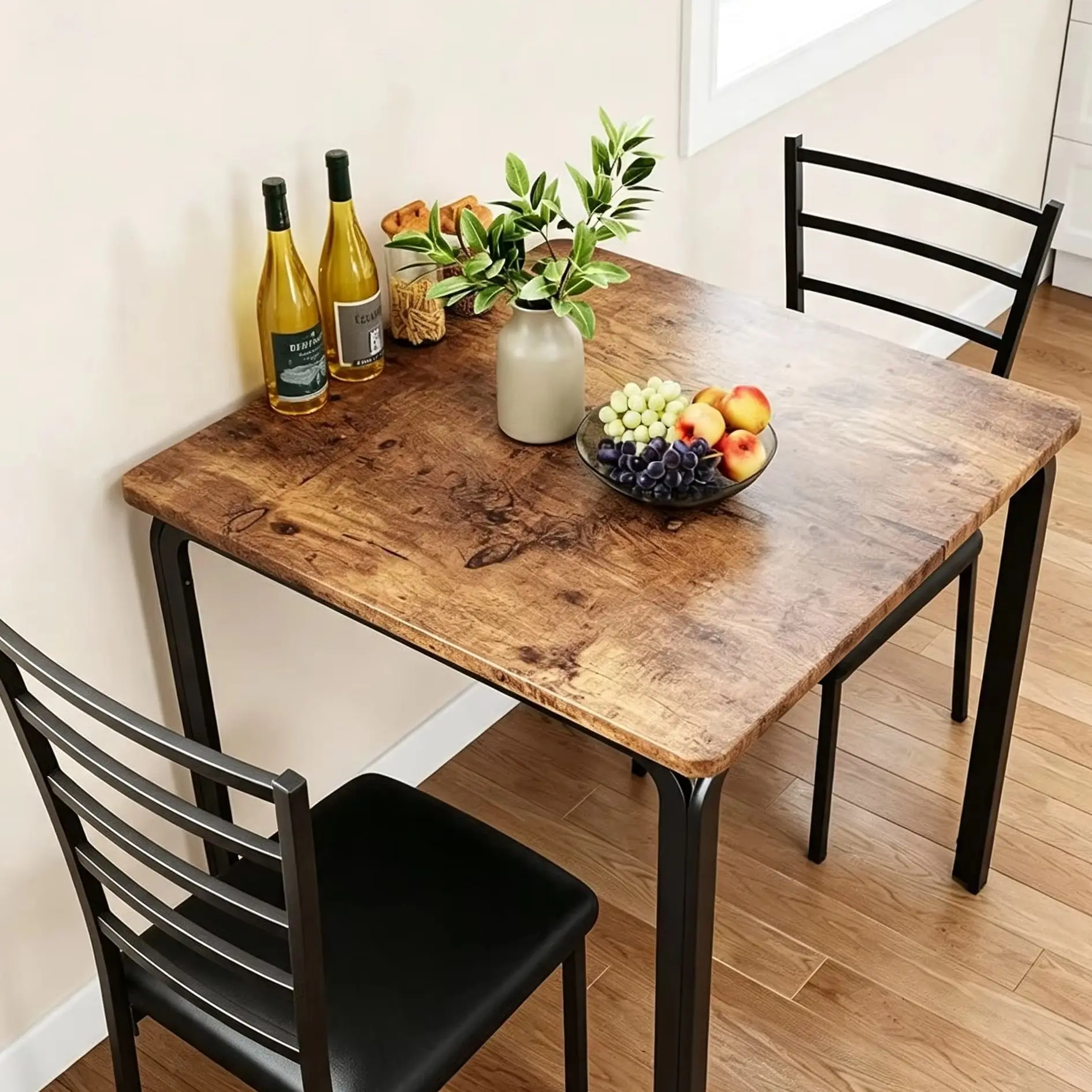 1+2 dining table set with iron backrest and MDF tabletop, retro color, for dining room