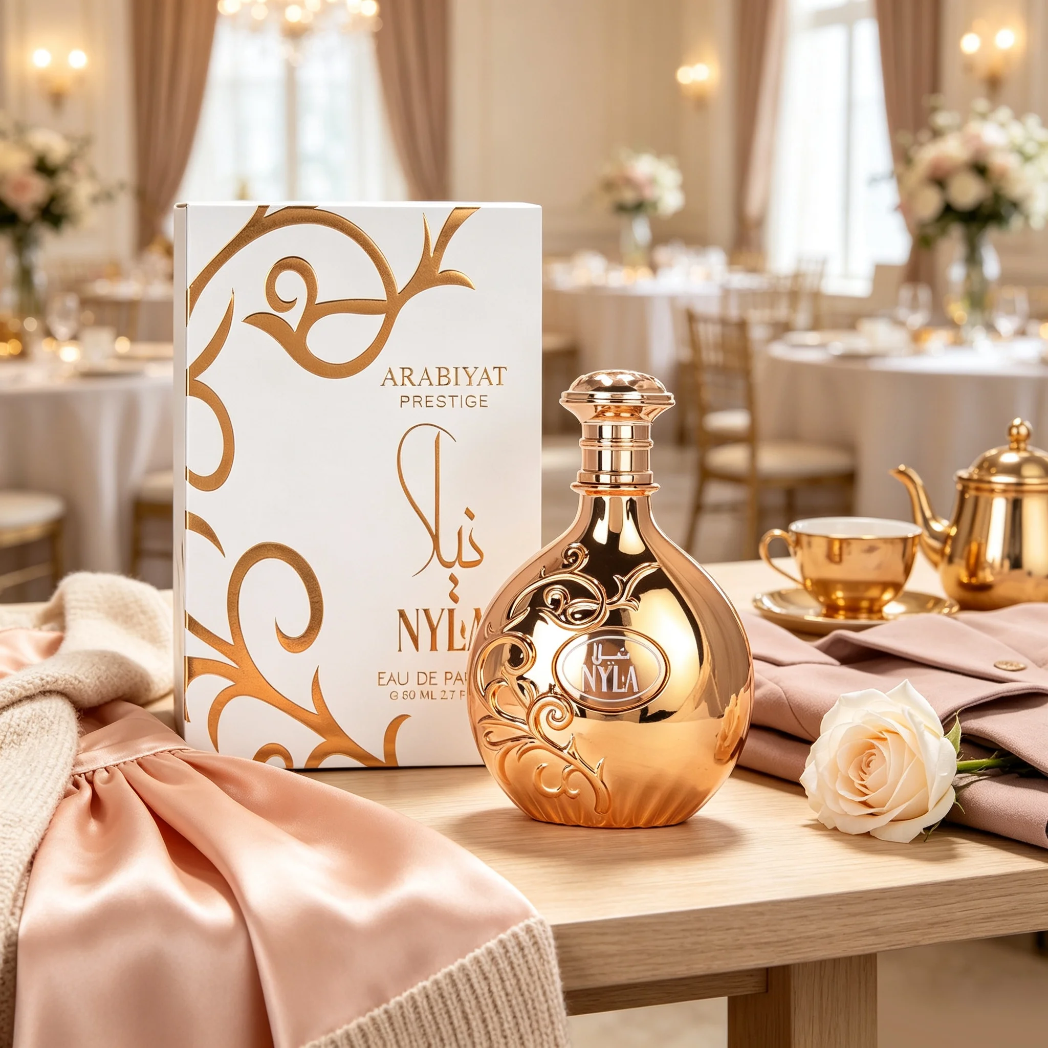 Arabiyat Prestige Nyla Women EDP Opulent Mild Rich Soft Juicy Peach White Jasmine Vanilla Musk Woody Fragrance Mirror Gold Embossed Bottle Gold Dome Cap White Gold Arabesque Box Calm Gentle Feminine Scent Spring Summer VIP Gala Holiday Gift Set view 6