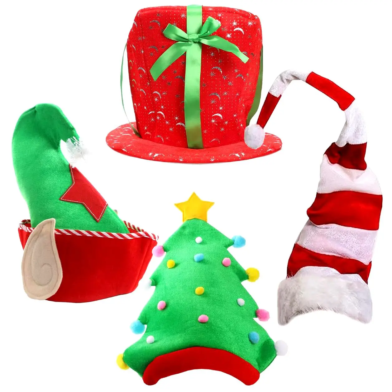 Pack of 4 Novelty Christmas Hats - Tree + Christmas Present +  Long Red + White Santa Hat + Elf