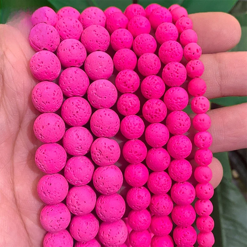 Różowa różowa lawa skała wulkaniczna okrągłe koraliki kamień naturalny do tworzenia biżuterii DIY bransoletka pierścionek kolczyki 15 ''nić 4/6/8/10mm — zdjęcie 2