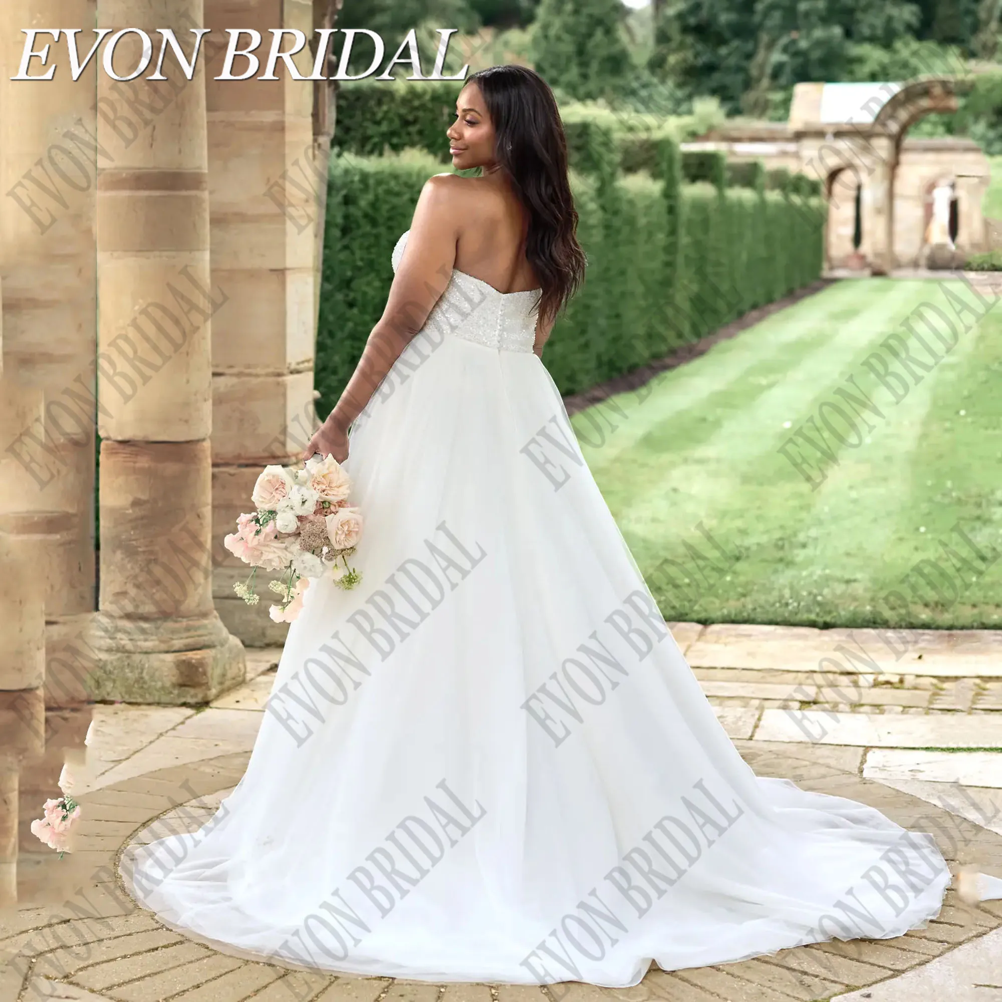 EVON BRIDAL Customized Plus Size Wedding Dress 2025 Bride Luxury Sequin Strapless Bridal Party Gowns Backless Wedding Dresses