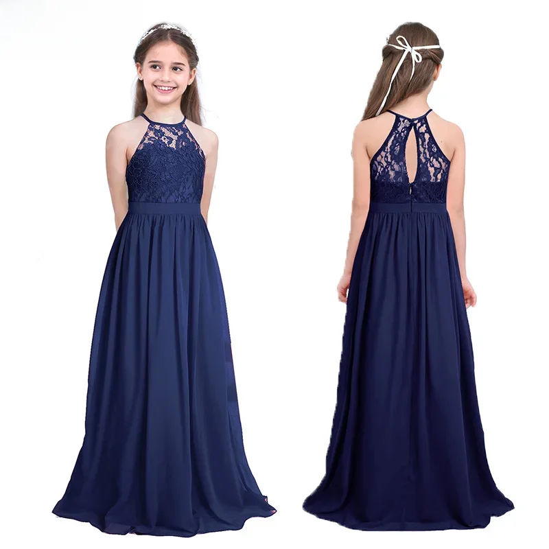 Zomer Mode Bloem Meisjes Jurk Bruiloft Verjaardag Party Kids Lange Jurk Vestido Elegante Halter Hals Bloemen Kant Prinses Jurk - afbeelding 2