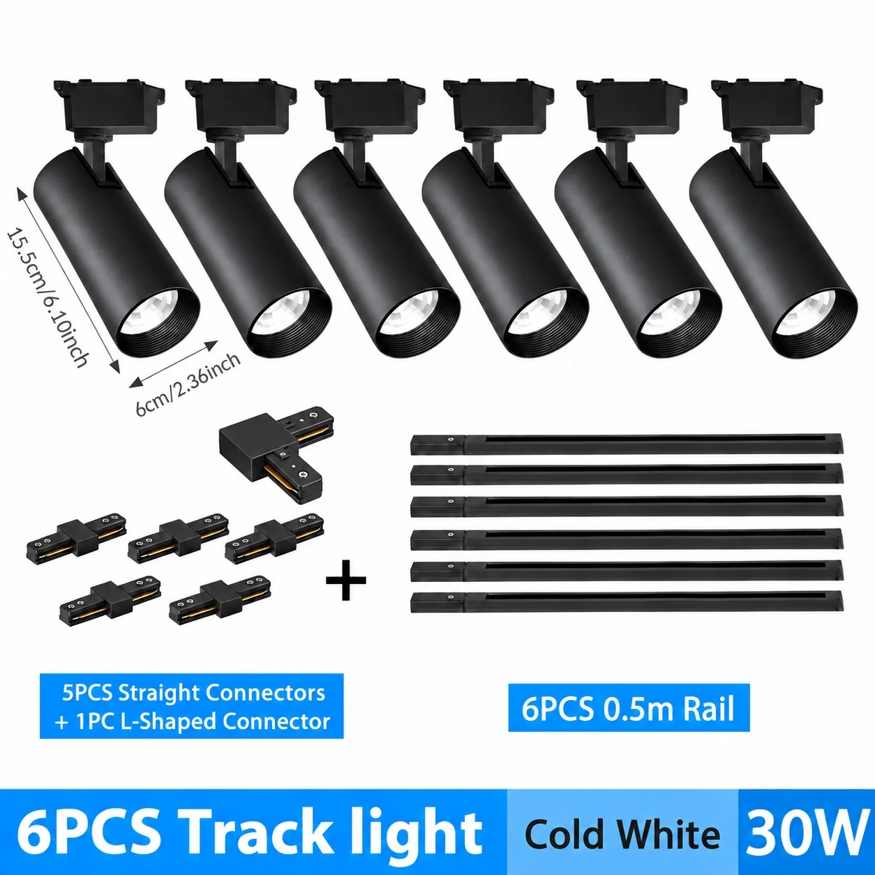 LED-spoorverlichtingsset, zwart, met 4 of 6 spots, inclusief 0,5 m lange rails en verbindingsstukken, 20W, 30W, 40W, plafondspoorverlichtingsset, 350. ° Verstelbaar