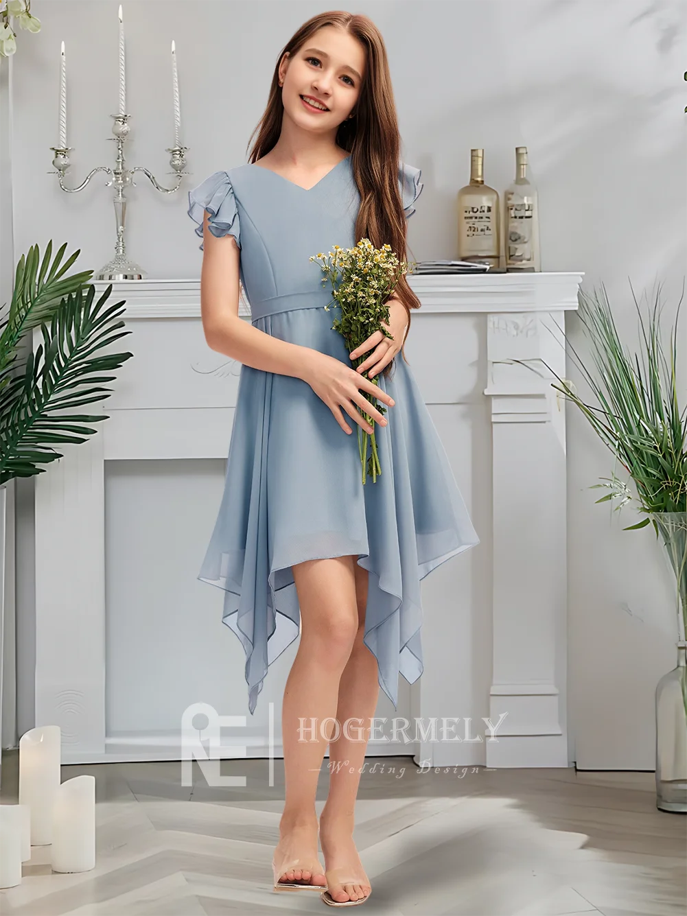Luxuoso vestido de dama de honra júnior com decote em v crepúsculo azul flor menina vestido comprimento chá chiffon com babados arco em cascata