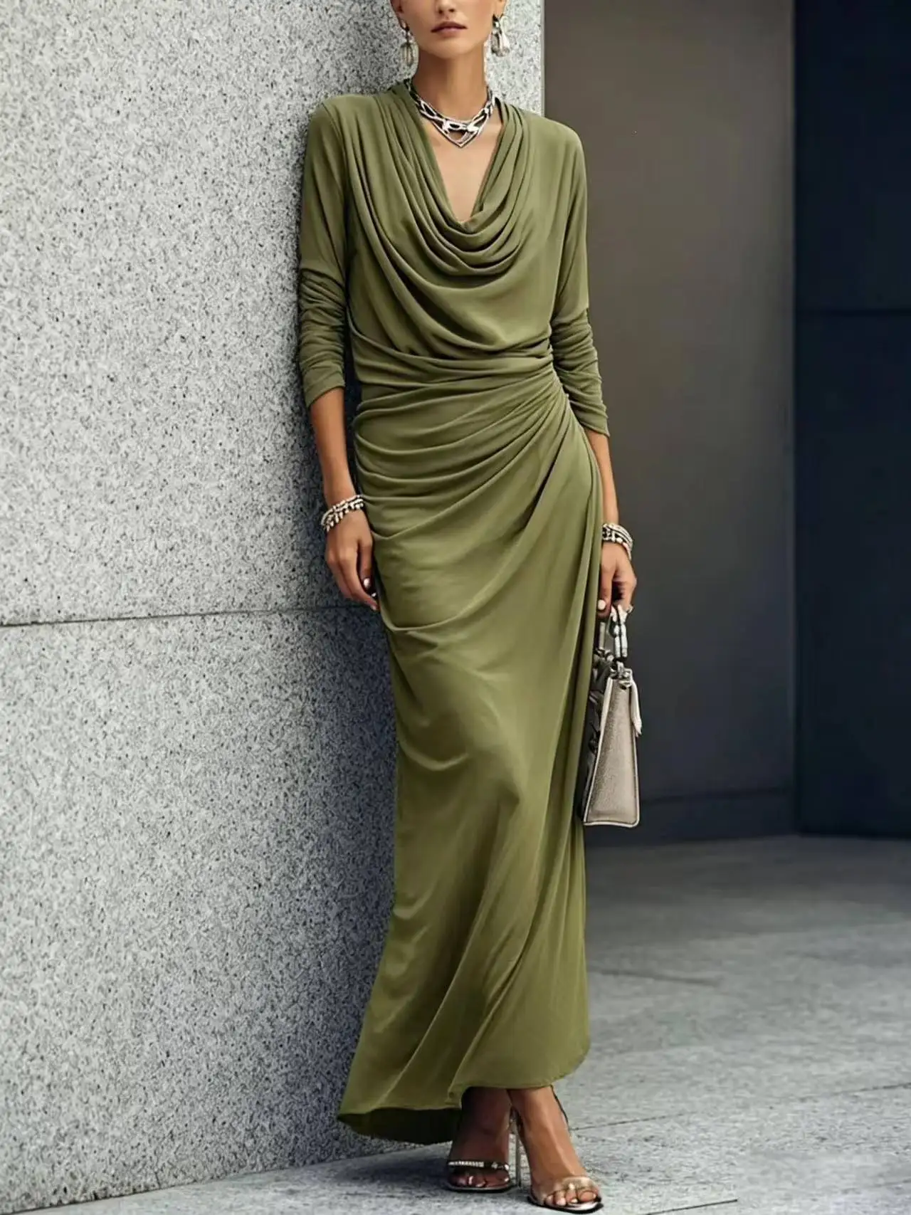 Damen Burgunder Maxikleid Langarm Wasserfallausschnitt Gerafftes Bodycon-Kleid Elegantes Abendkleid Schlanke Passform Herbst-Winter-Mode – Detail 4