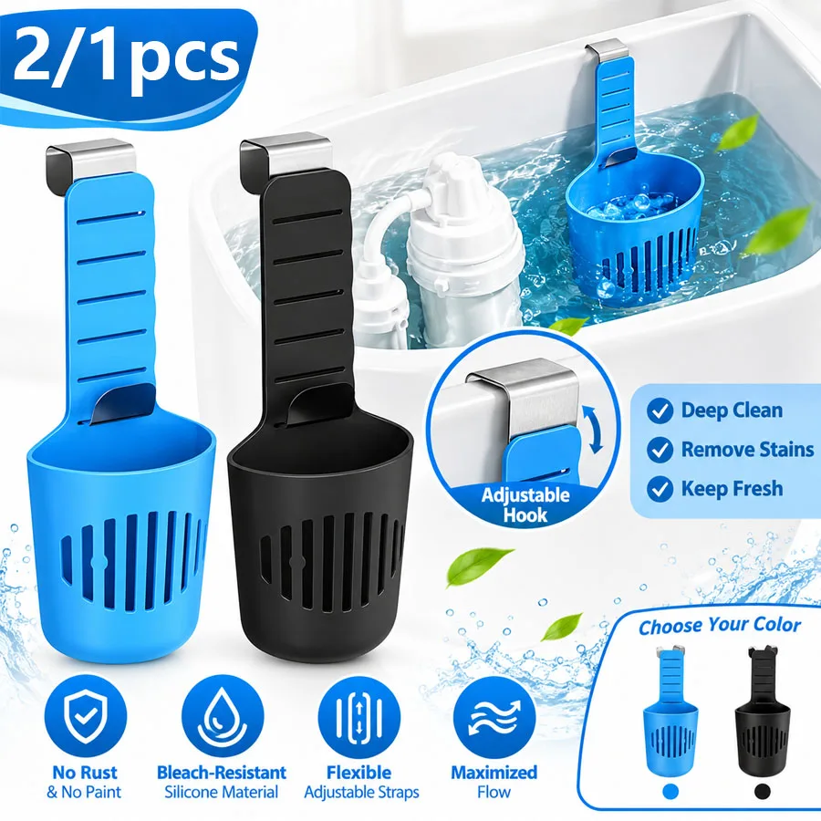 2/1pcs Silicone Toilet Tank Tablet Holder, Durable Versatile Toilet Bowl Hanging Cleaner and Deodorizer Hanger(Black/Blue)