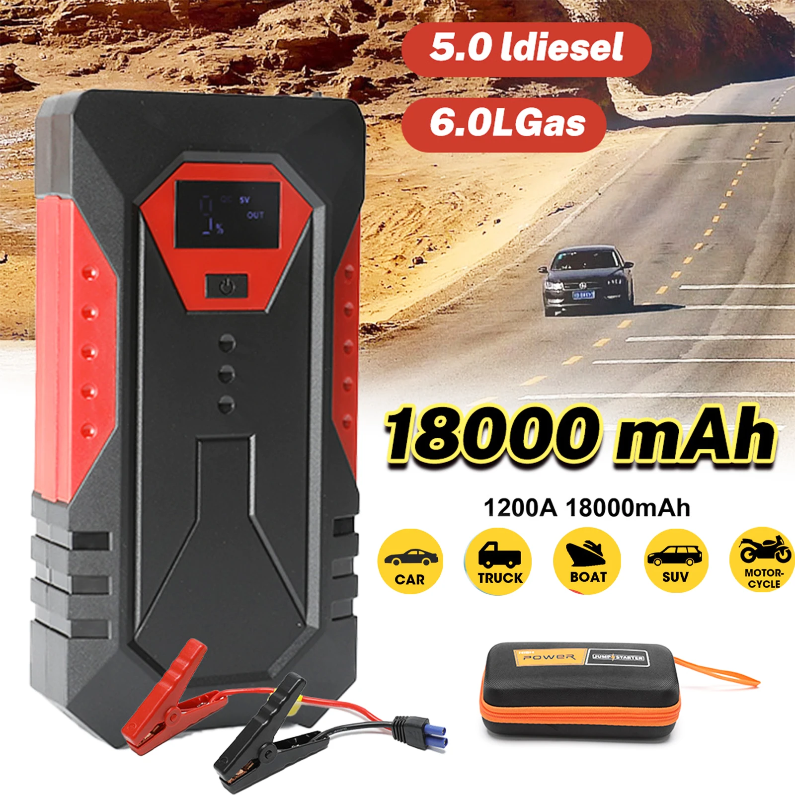 1200A Car Emergency Starter 18000mAh Portable Mobile Power Gasoline Diesel Car Charger Emergency Starter for Car Battery Booster