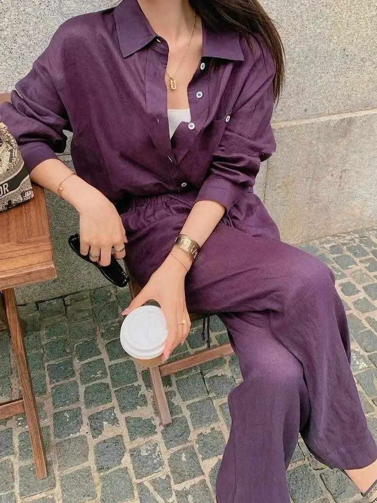 

Elegant autumn 2025 women's solid color 100% ramie trouser suit