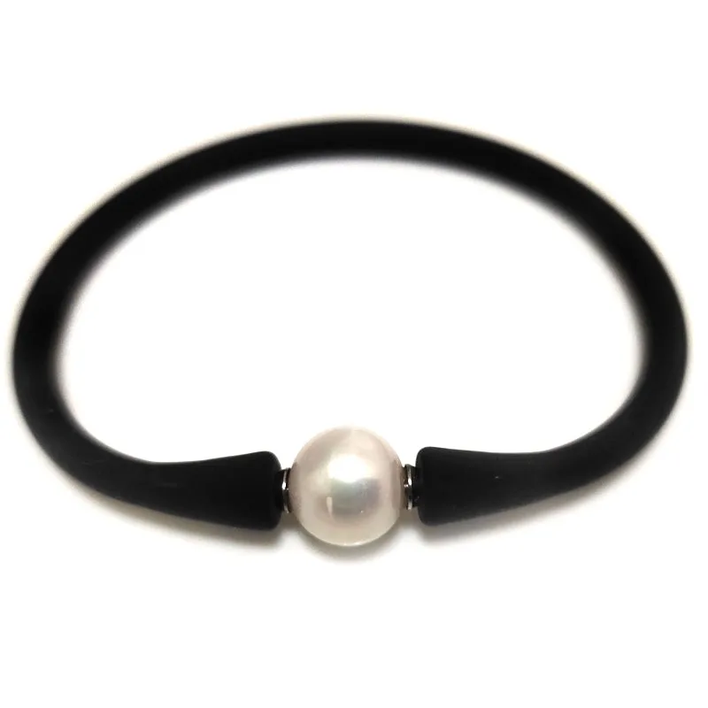 7 inches 10-11mm Natural Round Pearl Black Rubber Silicone Bracelet