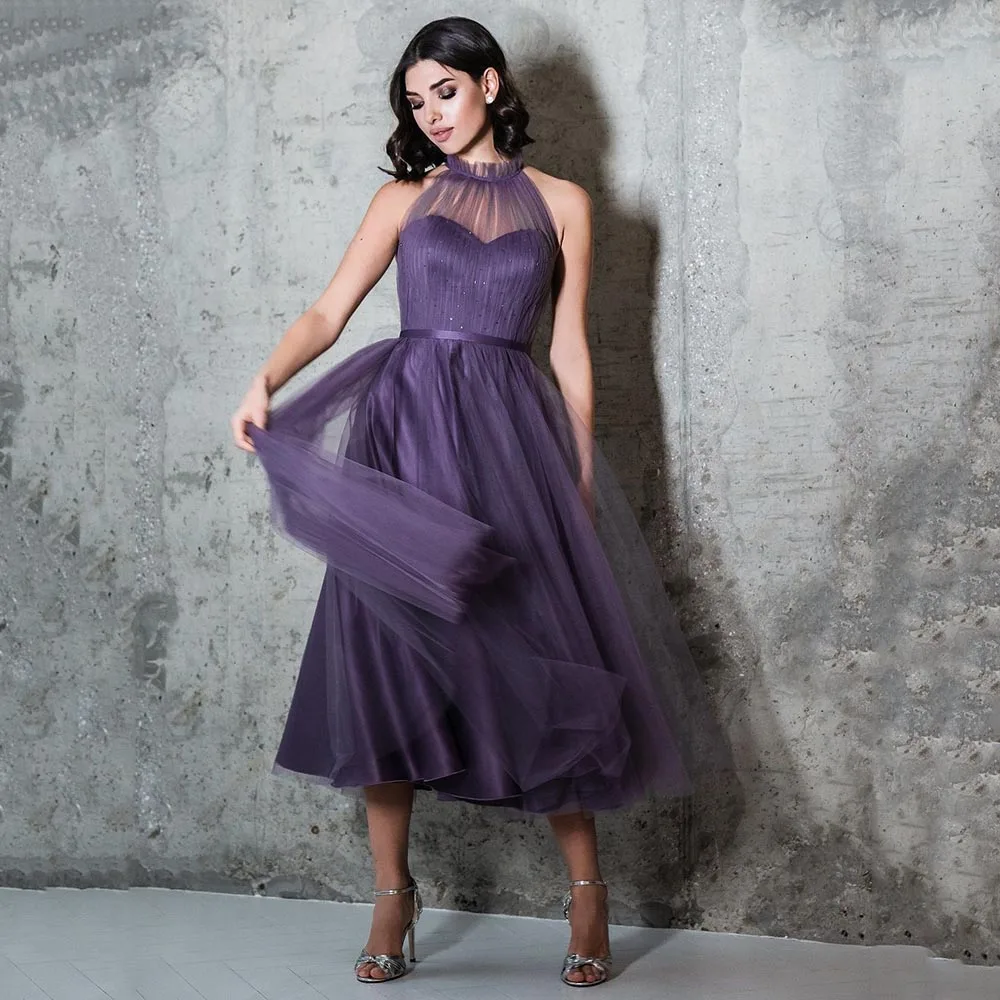 

Charming Purple A Line Evening Dresses For Wedding Party 2023 Beaded Halter Tea Length Prom Dress Illusion Tulle Gown