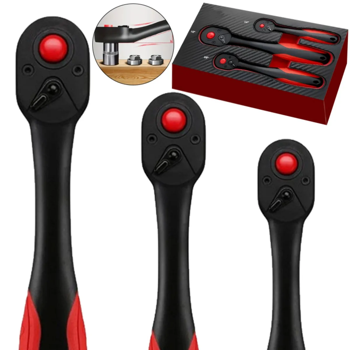 3pcs Heavy-Duty Ratchet Wrench Set with 1/4", 3/8", 1/2" Telescopic Sockets - 72-Tooth Quick-Release Mechanic Tool Kit