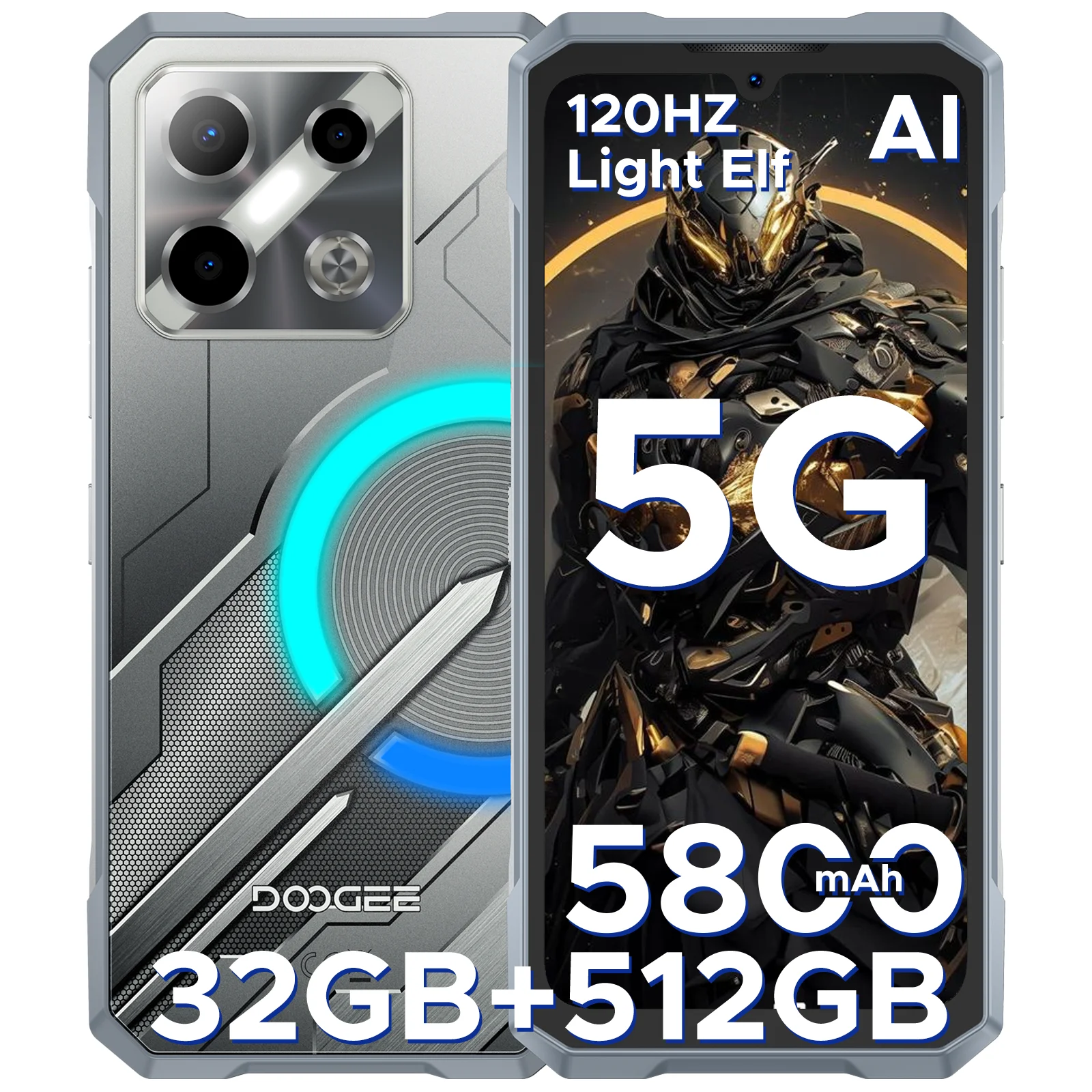 DOOGEE Blade GT Pro Rugged Phone 6.72'' FHD+ 120Hz LED Light Effect 32GB(12+20) +512GB 5800mAh Battery Android 14 Cellphone NFC