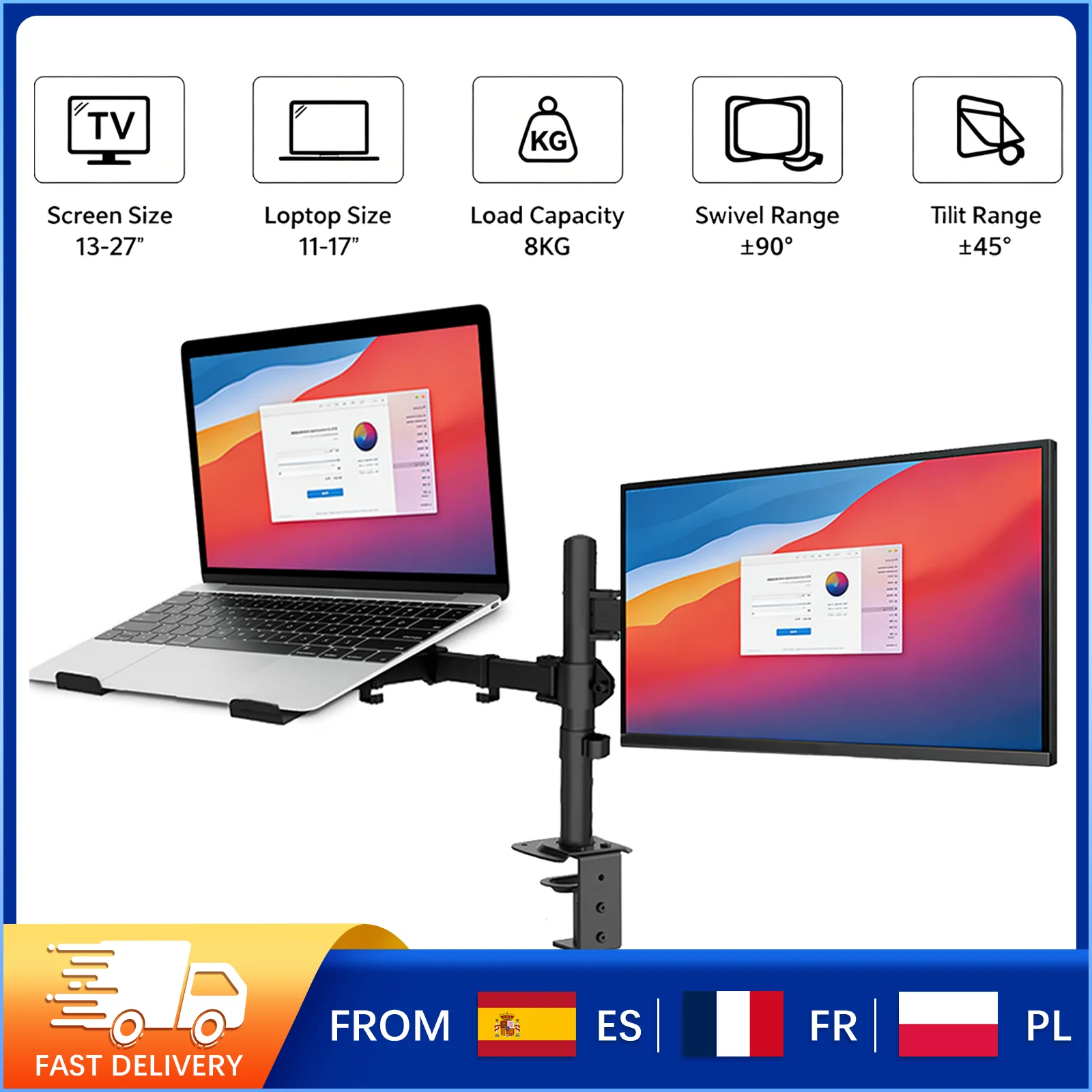 Support d'écran 13-27 pouces, rotatif multi-angles, fixation de bureau à pince, acier laminé à froid robuste 8 kg, support VESA pour espace de travail