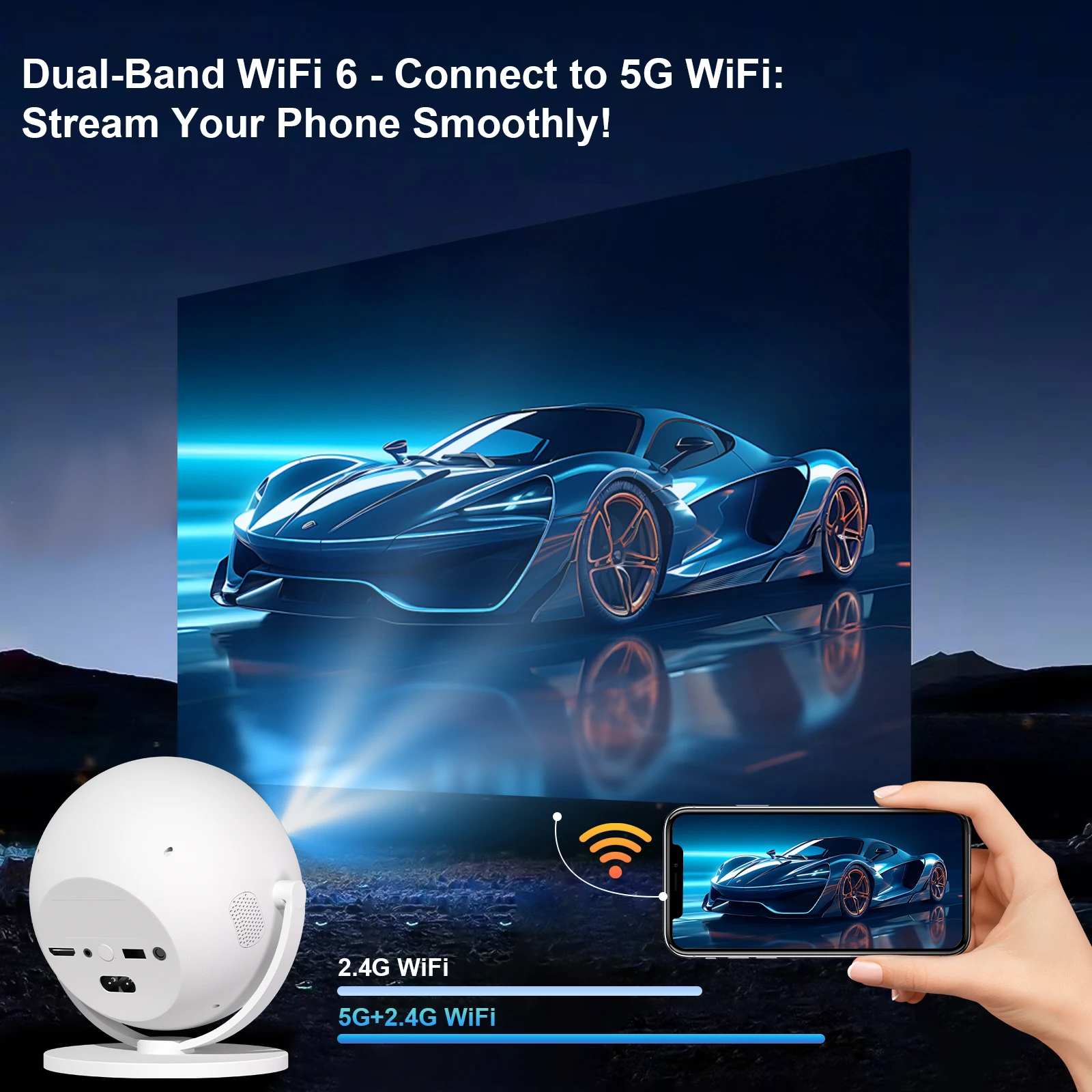 جهاز عرض ذكي كروي فائق الوضوح 2.4/5g واي فاي ثنائي النطاق لاسلكي 6+ Bt4.2 Led جهاز عرض محمول متعدد الوظائف، عرض الأفلام المنزلية |   تخييم خارجي، 360 °   دوران