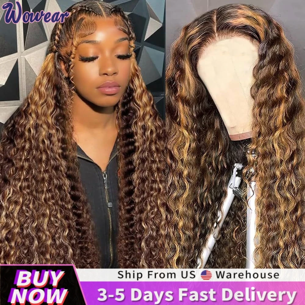 

Water Wave Wigs 200 Density P427 Ombre Color Highlight Honey Brown Curly HD Lace Front Human Hair Wigs 13x4 Lace Frontal Wigs