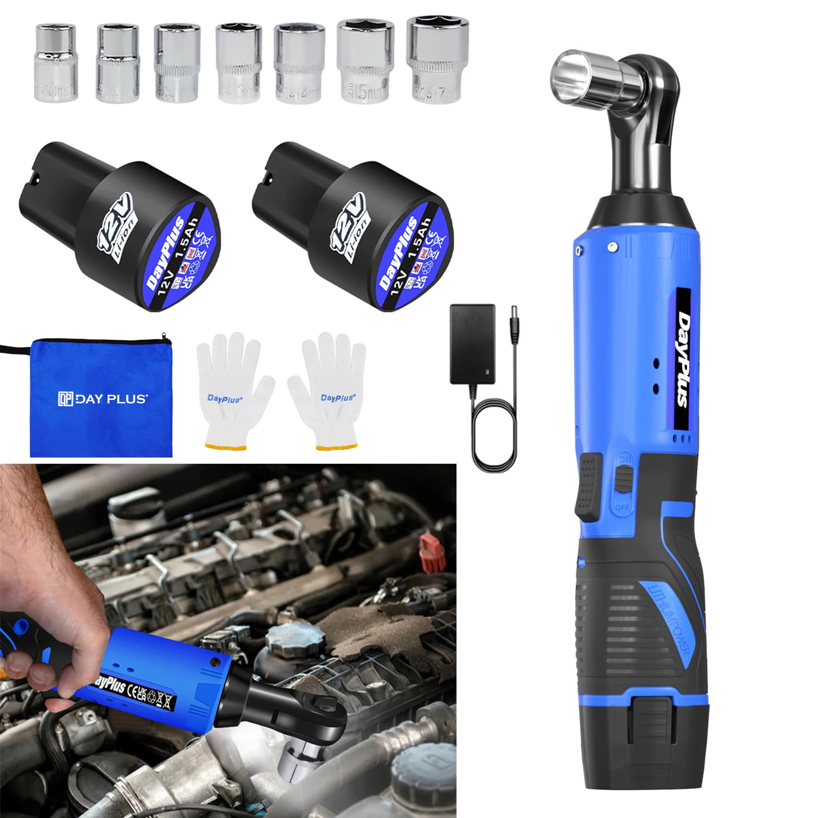 Kit clé à cliquet sans fil 12V, 3/8" 40N.m, 2 batteries 1.5Ah, 7 douilles, couleur bleu – Parfait pour réparation automobile