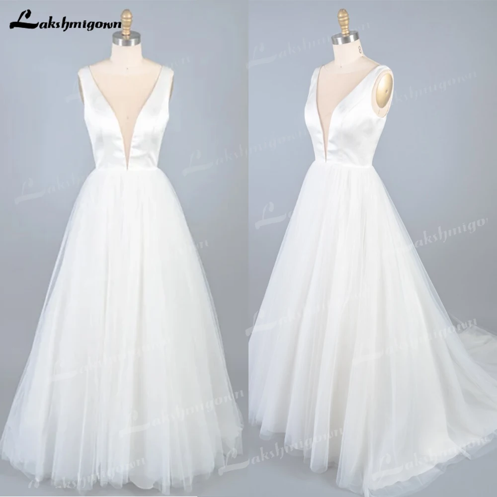 Vestido de casamento de cetim simples mergulhando v pescoço tule vestido de baile vestido seco limpo só longo a linha hochzeitskleid