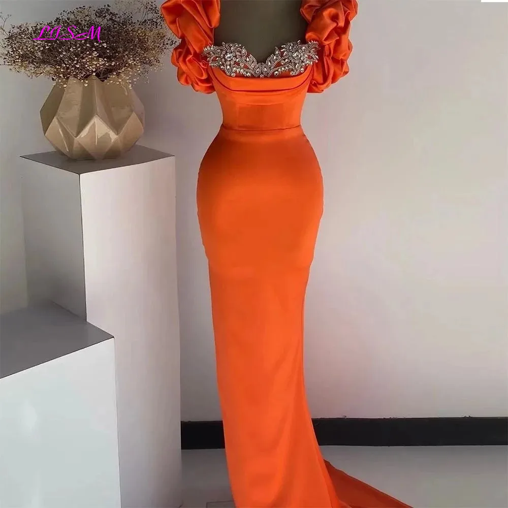 LISM Orange Satin Mermaid Prom Party Dresses Crystal Beaded Pleat Ruched Sweetheart Long African Evening Dress robe de soirée