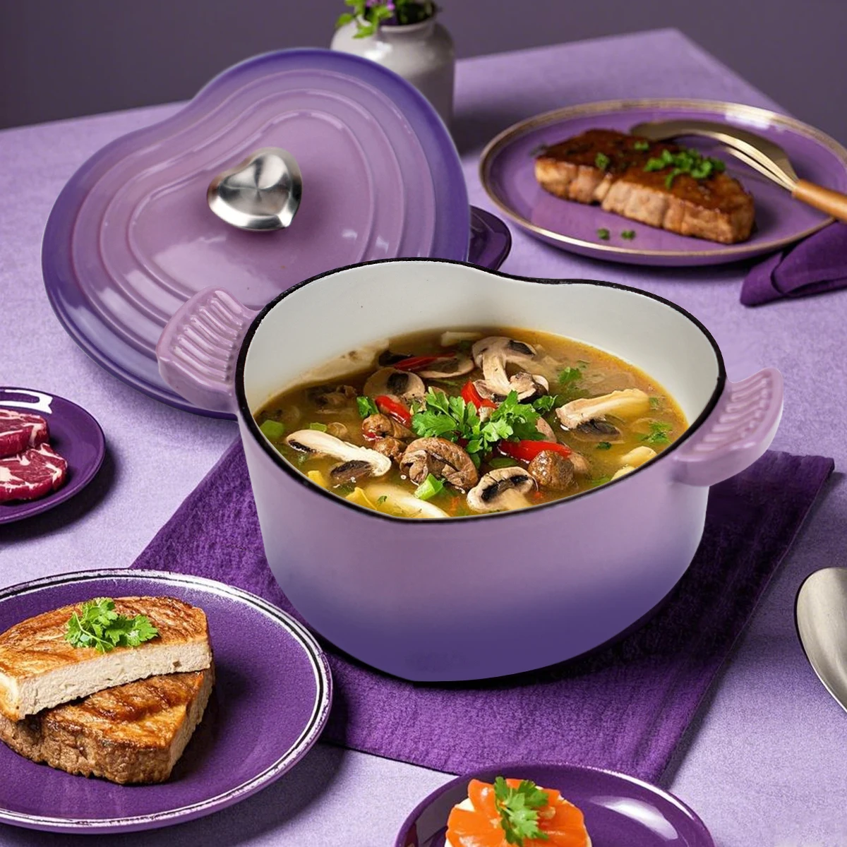 

Preminum Cast Iron Dutch Oven with Lid, Heart-shape Enameled Soup Pot for All Stove Tops,Suitable for Stew Baking Slow Cooking