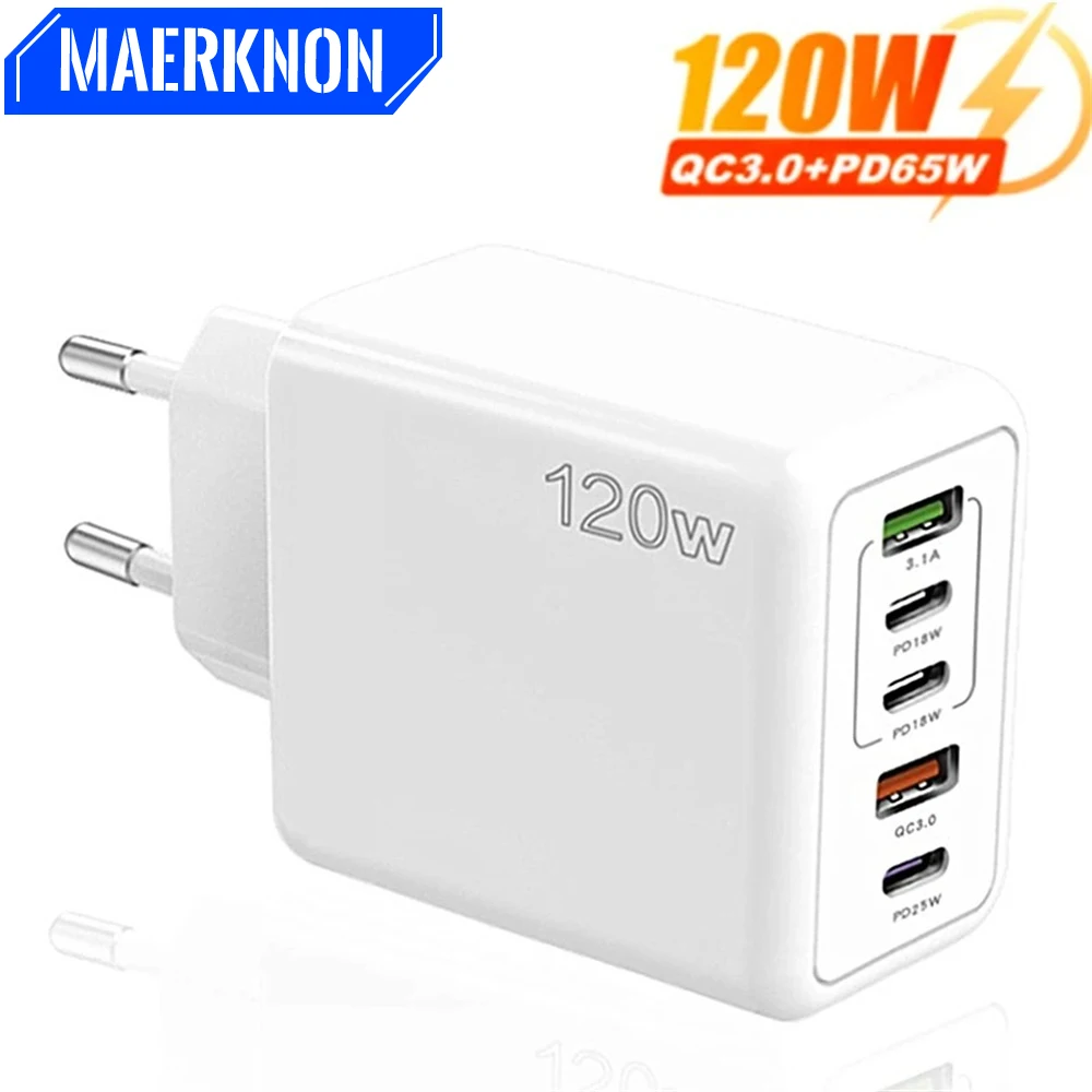 120W 5 Ports Fast Charging Charger USB PD Type C Phone Adapter For iPhone 15 Xiaomi Samsung Quick Charge Multi Port Wall Charger