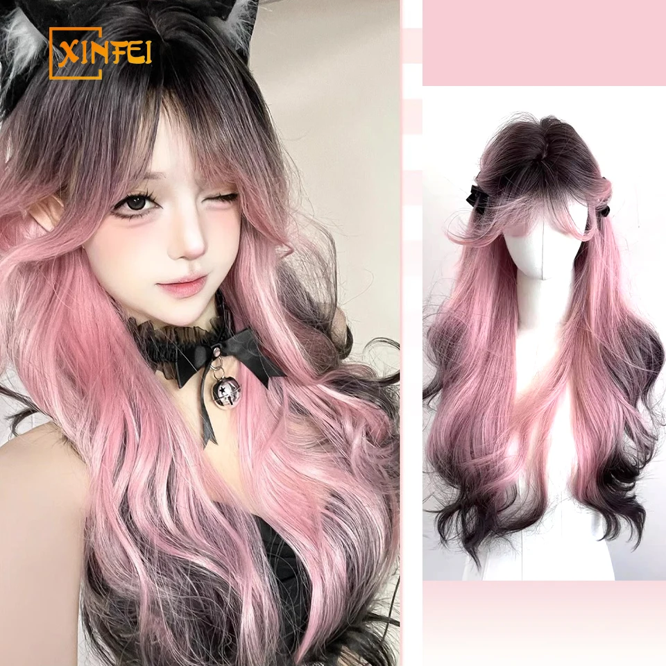 XINFEI Black Pink Ombre parrucche sintetiche per Cosplay parrucche lunghe ondulate a strati con frangia per le donne capelli finti resistenti al calore