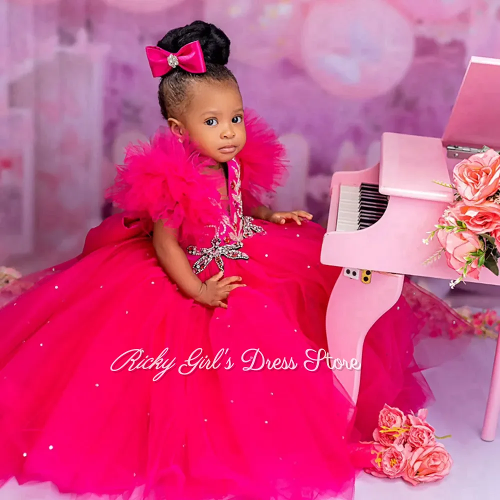 Customized Hot Pink Flower Girl Dress Sequin Appliques Pearls Puff Sleeve For Wedding Birthday Party Prom Banquet Princess Gown