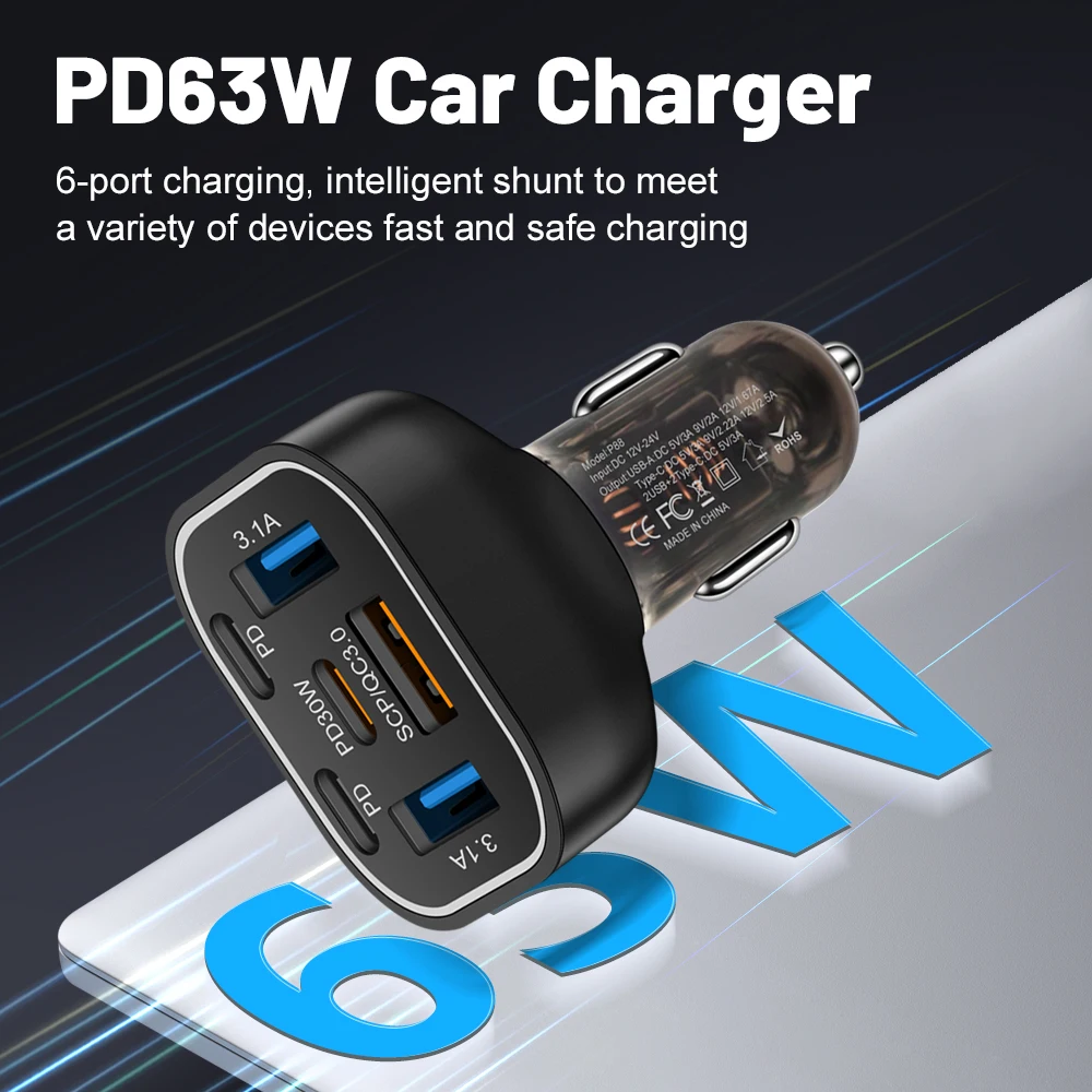 LED 63W caricabatteria da auto 6 porte ricarica rapida PD QC3.0 USB C caricabatteria da auto adattatore USB C in auto per iPhone Samsung Huawei